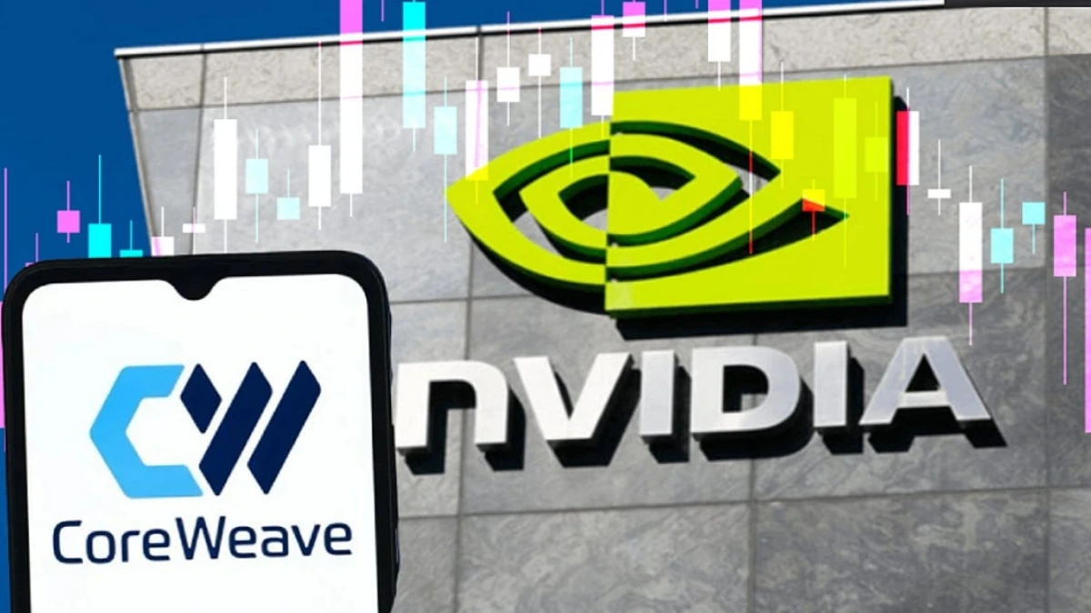 Nvidia and CoreWeave AI data center with glowing GPU server racks and stock market graphics in the background, symbolizing a $2 billion investment.