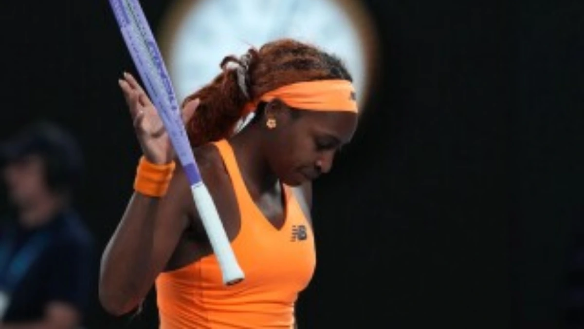 Coco Gauff reacts in frustration after losing to Elina Svitolina in the Australian Open quarterfinal at Rod Laver Arena