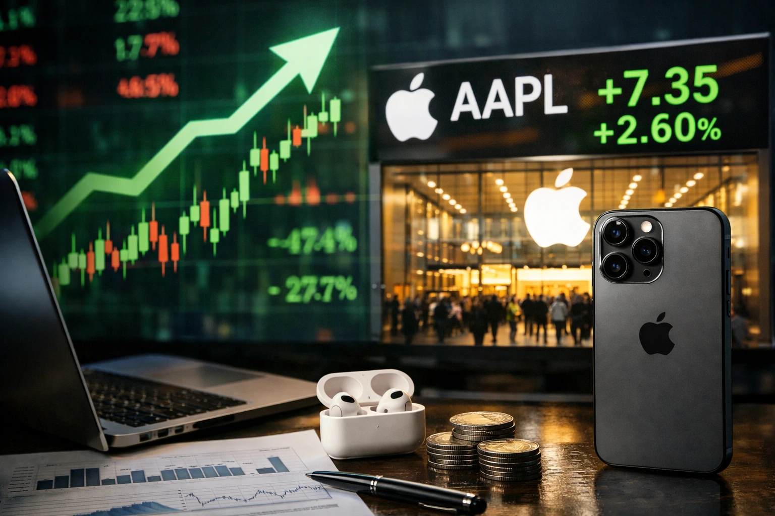 Apple Q1 2026 earnings illustration showing iPhone, MacBook, AirPods, stock chart, and rising AAPL share price