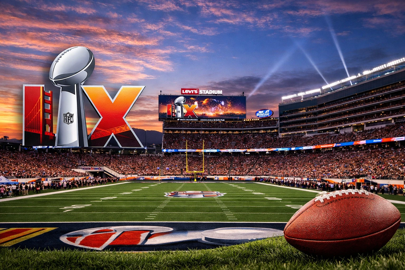 Levi’s Stadium in Santa Clara at sunset with fans, the Super Bowl LX logo, Vince Lombardi Trophy, and a football on the field