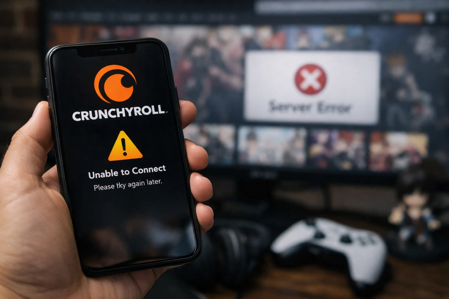 person holding a smartphone displaying the Crunchyroll app with an "Unable to Connect" warning, while a computer monitor in the background shows a "Server Error" message. Anime visuals and a gaming controller are visible nearby.