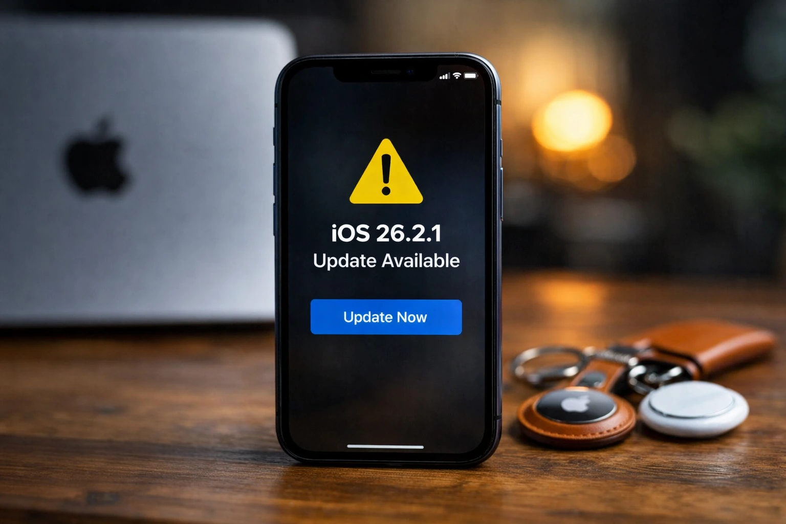 iPhone showing iOS 26.2.1 update alert on screen with Apple devices in background