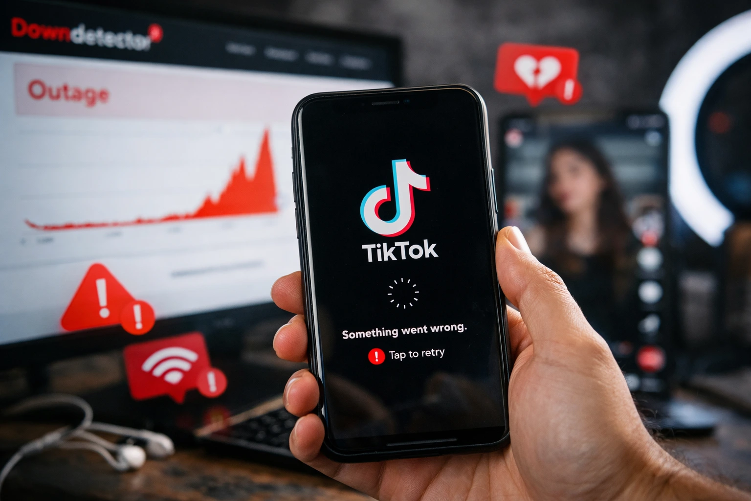 Smartphone showing TikTok error screen with loading circle and Downdetector outage chart in background