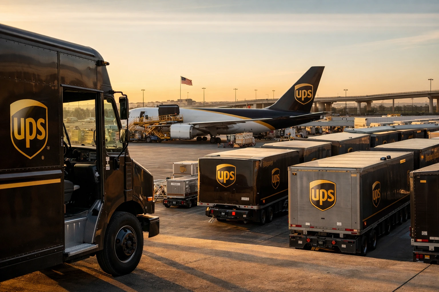UPS delivery trucks and cargo aircraft at a logistics hub during active package operations
