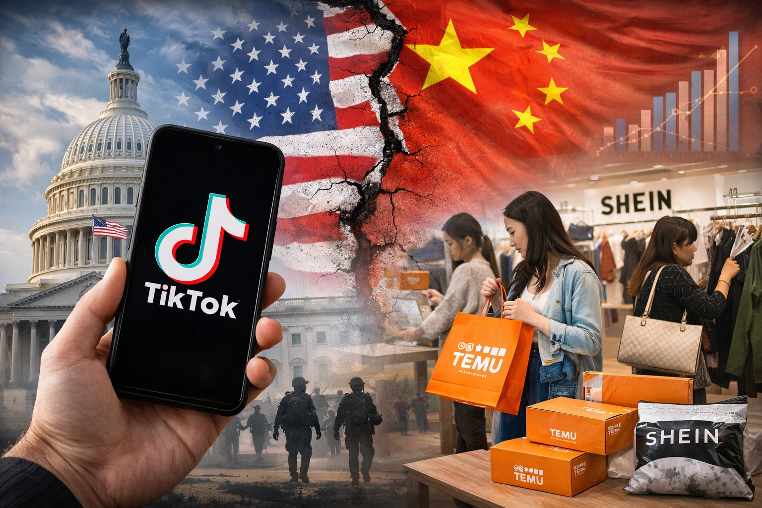 A smartphone displaying the TikTok app in front of the US Capitol with US. and Chinese flags, alongside shoppers using Temu and Shein in an American retail setting.