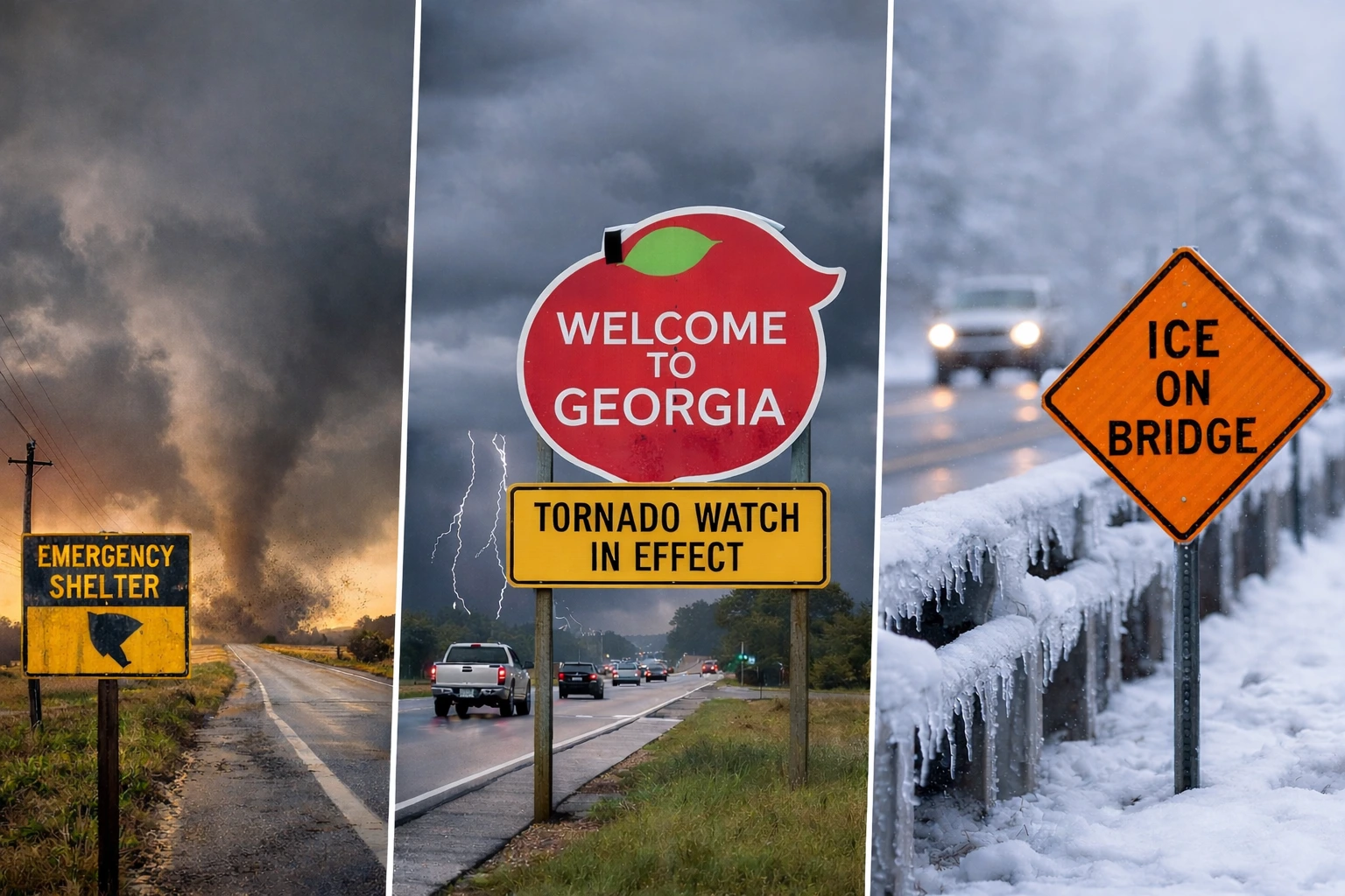Snow-covered bridge in central Georgia with an ice warning sign and cars driving cautiously.