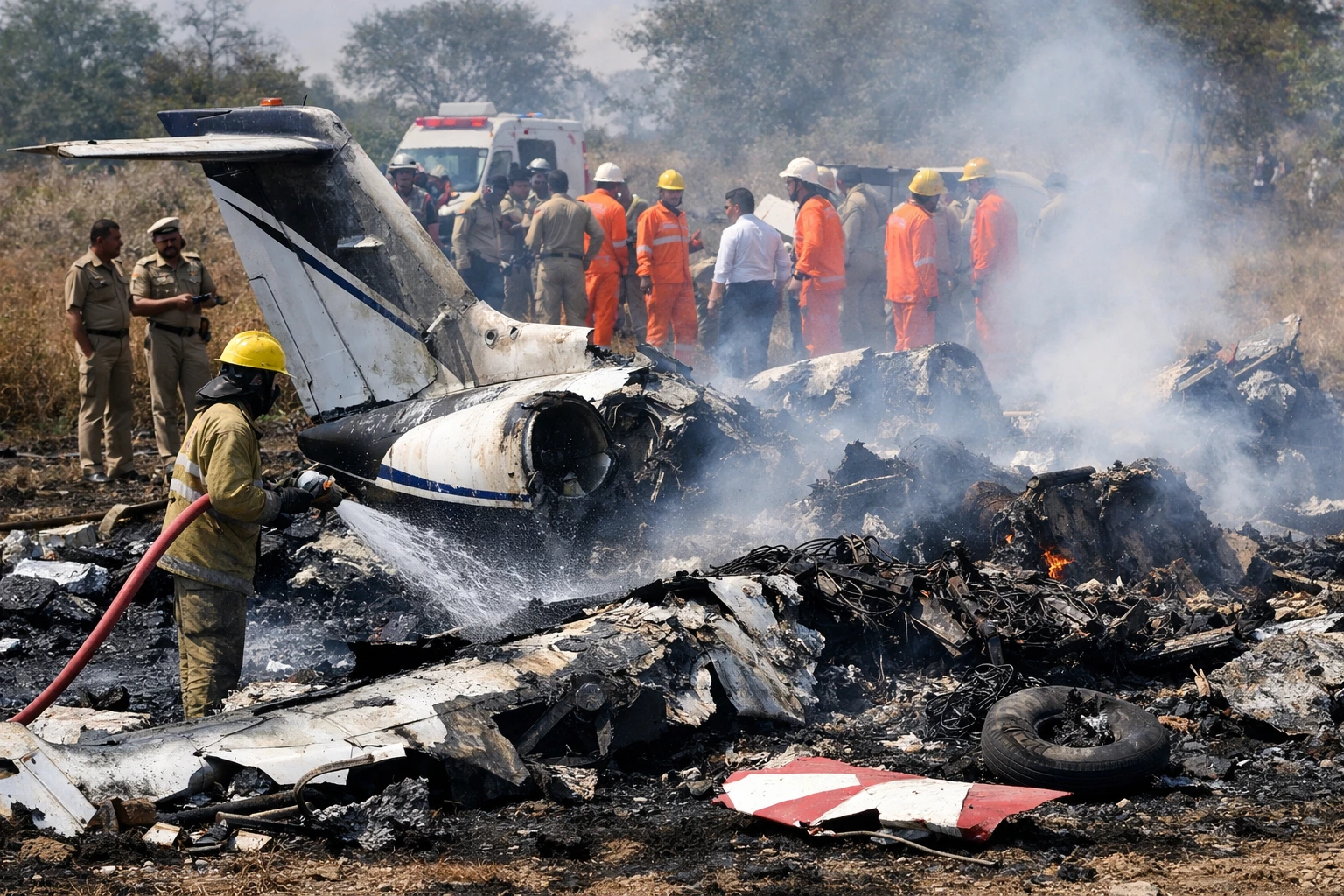 Maharashtra deputy chief minister plane crash site with emergency responders at the scene