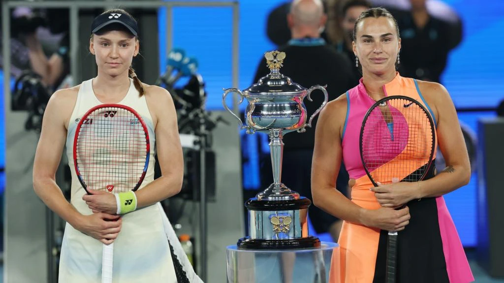 Aryna Sabalenka celebrates after winning a game against Elena Rybakina in the Australian Open women’s final in Melbourne.