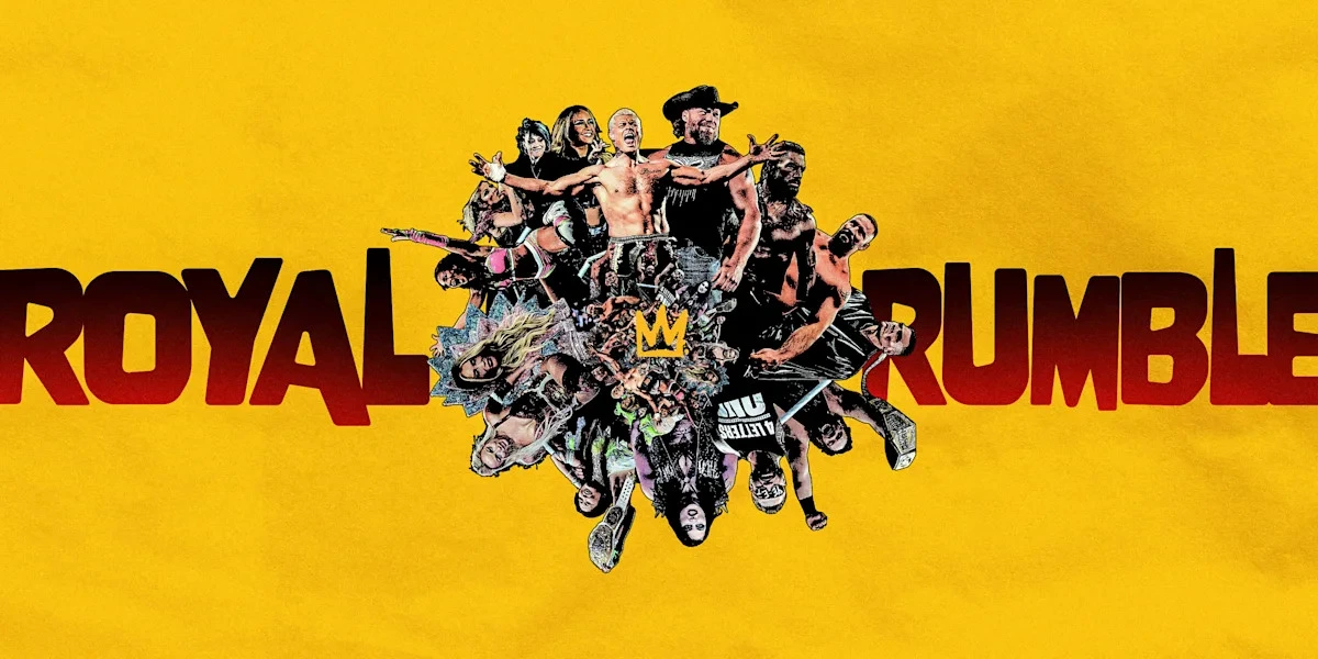 “WWE Royal Rumble 2026 action in Riyadh stadium with a packed crowd, wrestlers in the ring, and a central wrestler celebrating victory.”