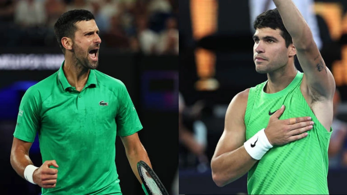 Carlos Alcaraz celebrates winning the second set against Novak Djokovic during the 2026 Australian Open men’s final at Rod Laver Arena in Melbourne.