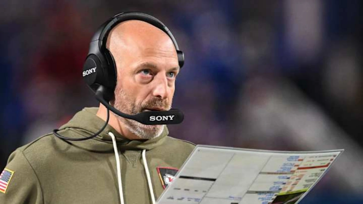 Matt Nagy speaking on the sidelines during an NFL game, wearing a headset, preparing to lead the New York Giants’ offense in 2026.