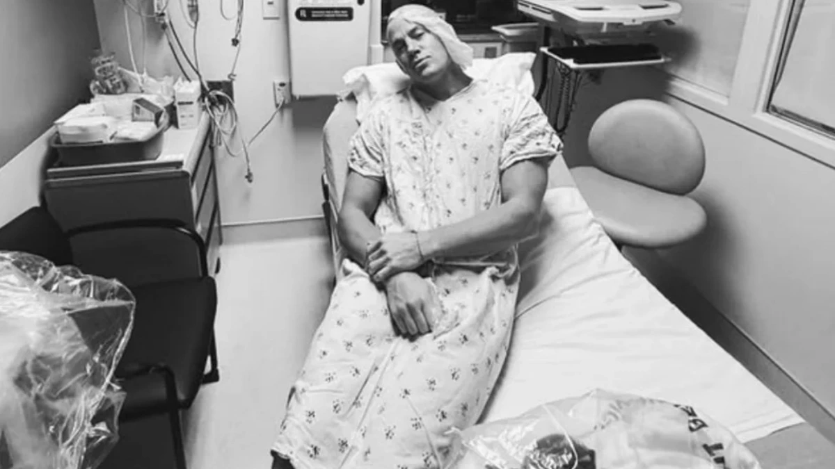 Channing Tatum recovering in a hospital bed after undergoing shoulder surgery