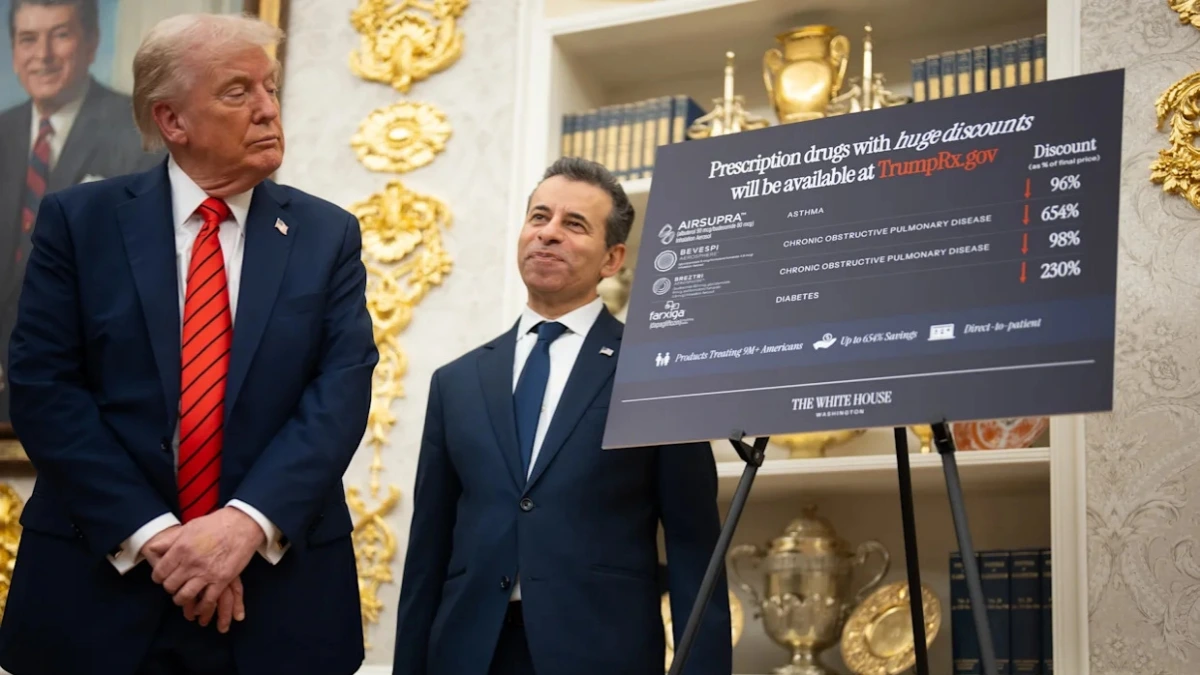 President Donald Trump at a podium announcing a new government website, TrumpRx.gov, aimed at lowering prescription drug prices for Americans.