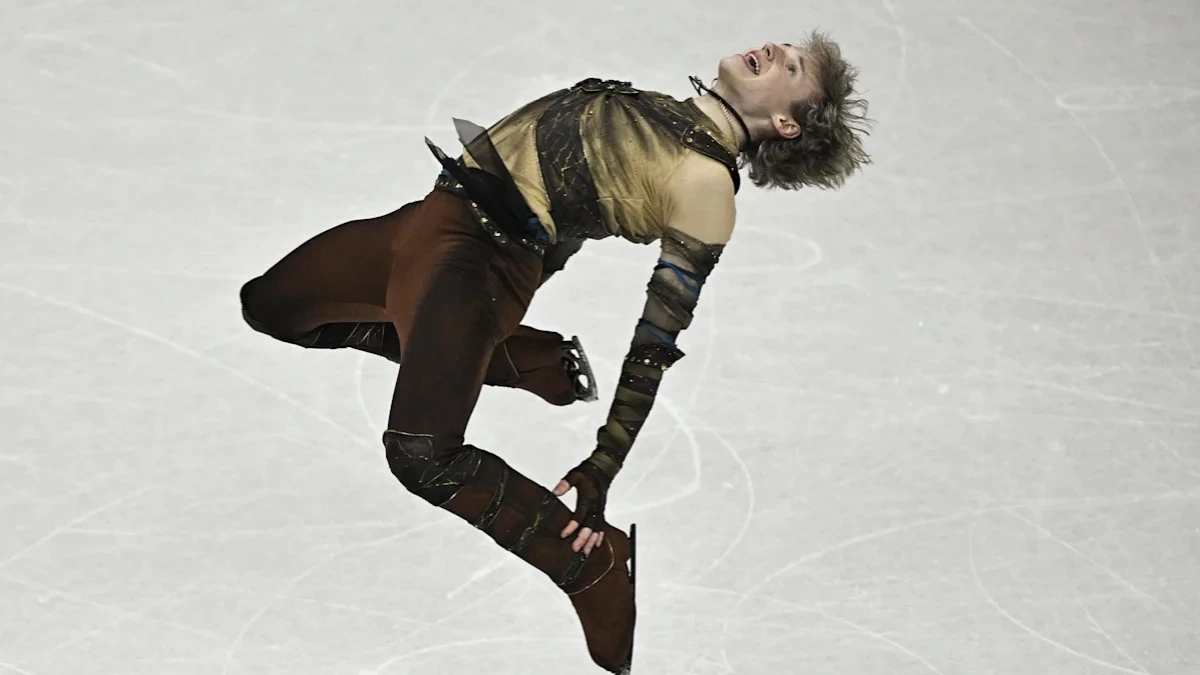 Ilia Malinin lands a one-foot backflip during the men’s free skate in the Olympic team event in Milan.