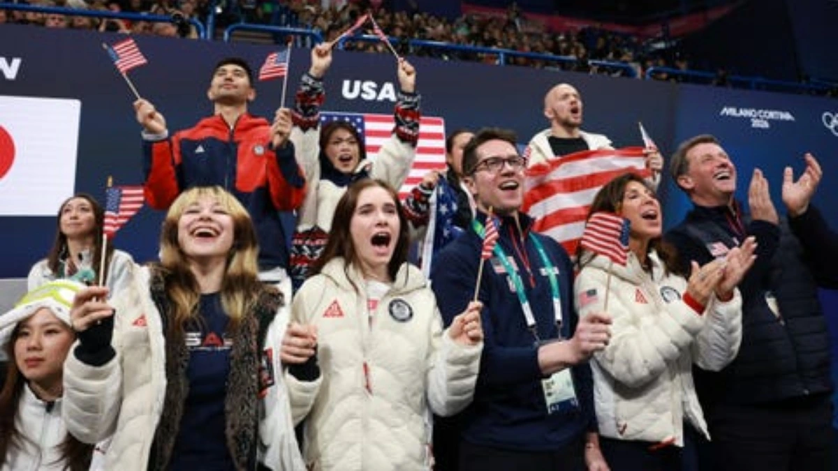 "Team USA skaters celebrate gold medal win in figure skating team event at Milano-Cortina 2026 Winter Olympics while Japan and Italy take silver and bronze."