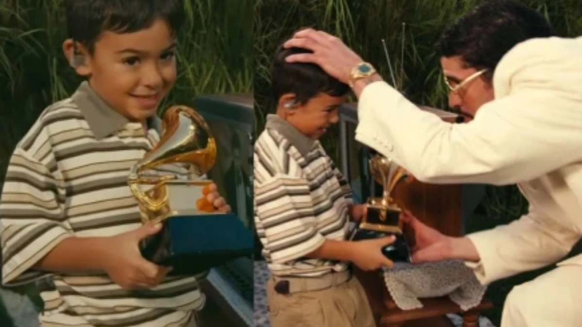 Bad Bunny handing a Grammy award to a child actor during Super Bowl LX halftime show at Levi’s Stadium, Santa Clara, California, 2026.