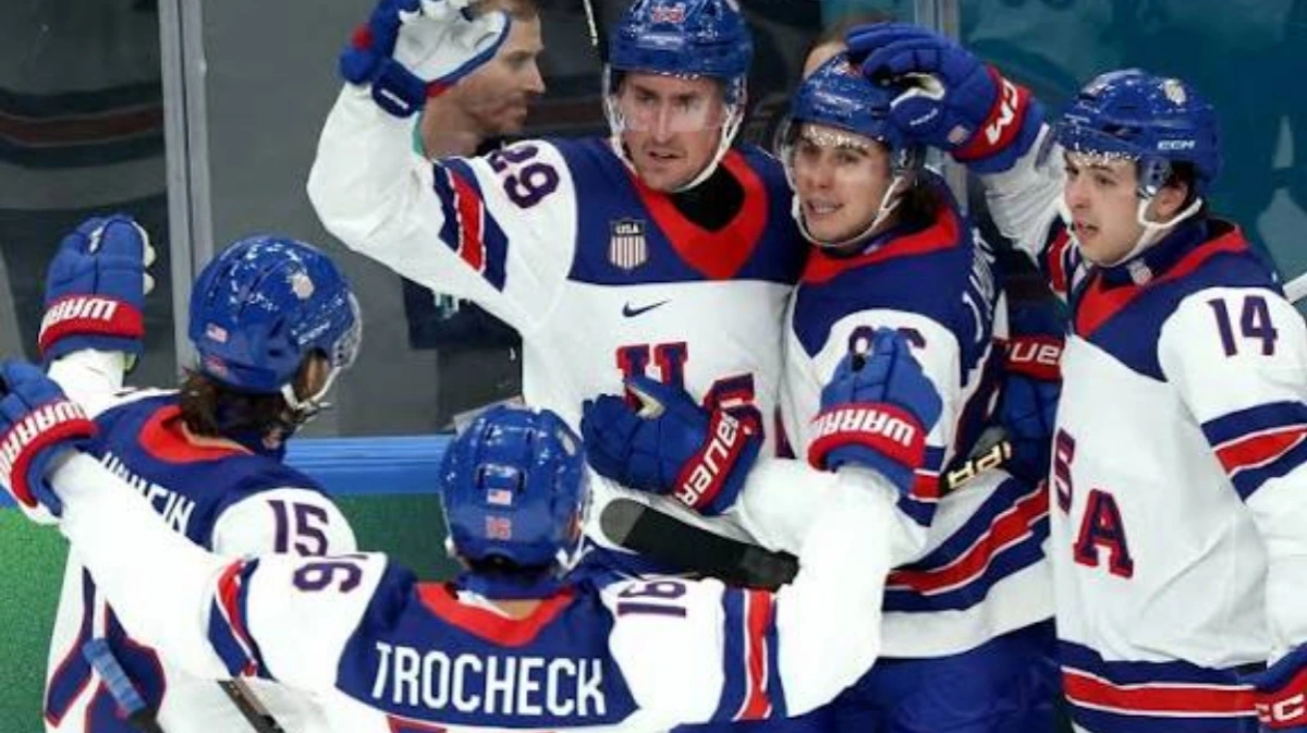 Brock Nelson celebrates after scoring goal in US 5-1 Olympic hockey win over Latvia at Milano Cortina Winter Olympics