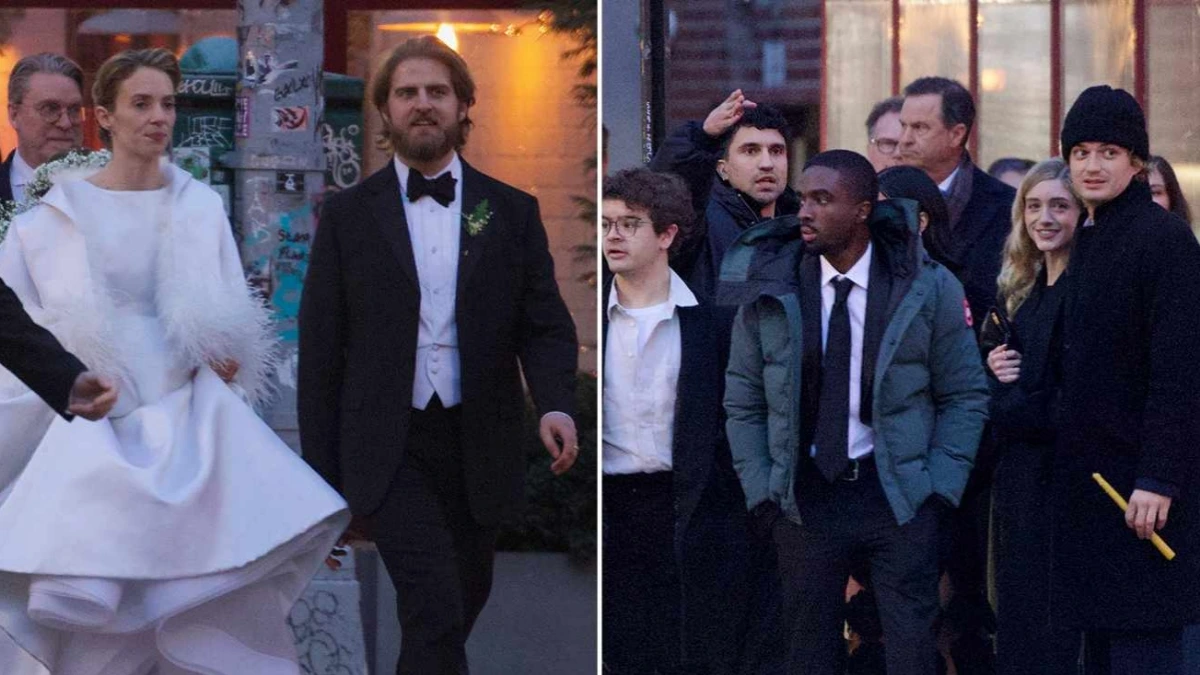 Maya Hawke and Christian Lee Hutson pose in wedding attire in New York City as members of the Stranger Things cast attend.