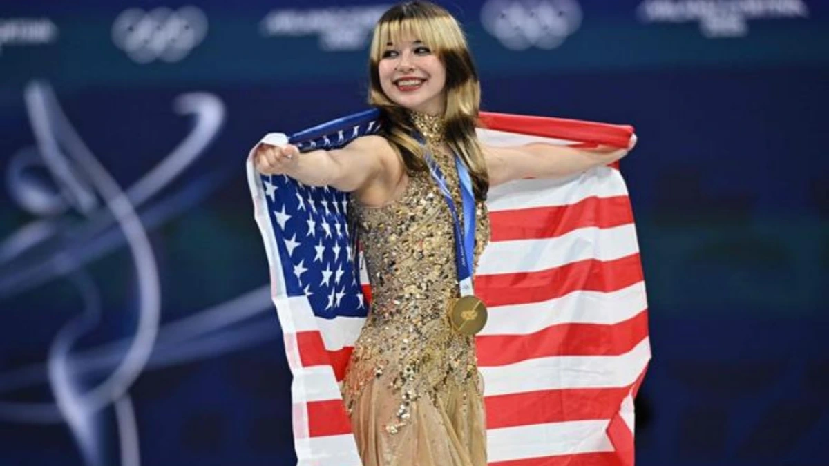 Alysa Liu celebrates after winning the gold medal in women’s figure skating at the 2026 Winter Olympics in Milan, Italy.