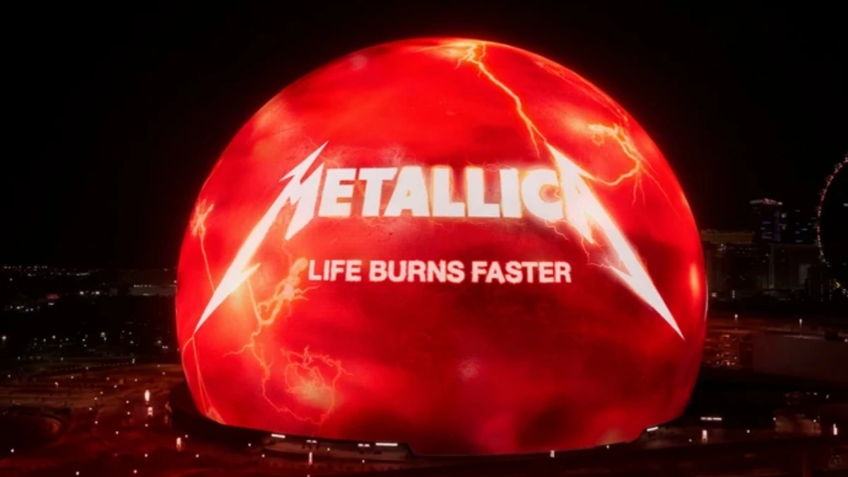 Metallica performing live under immersive LED visuals during Las Vegas Sphere residency announcement.