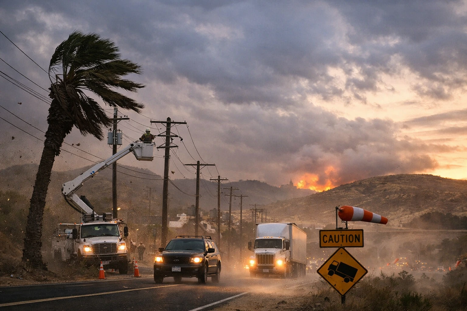 Strong winds bend a palm tree as utility crews work on power lines and vehicles drive through dusty conditions in Southern California during a wind advisory.