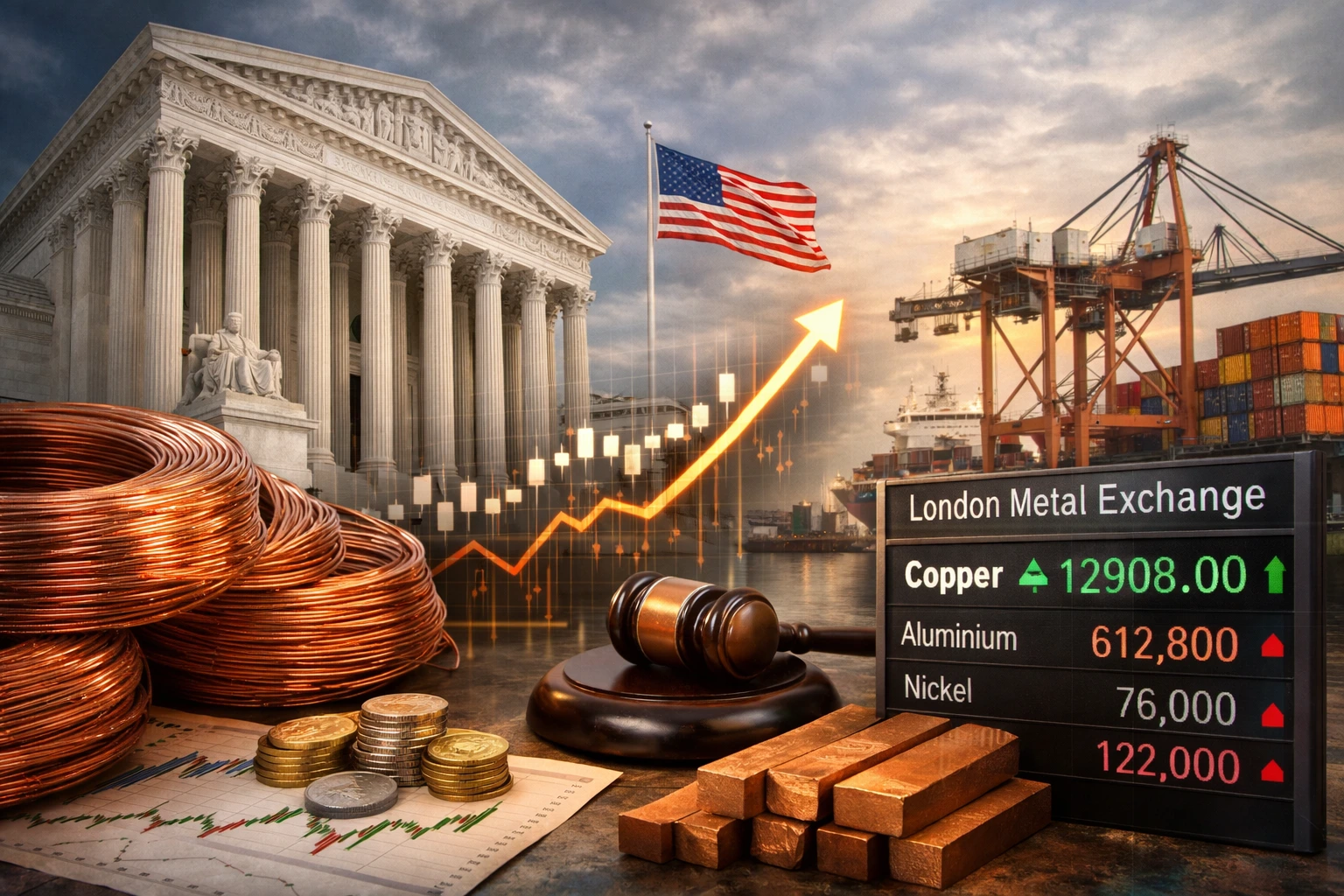 Copper coils, bars and a port scene with a courthouse in the background, symbolizing rising copper prices after a major US Supreme Court trade ruling.