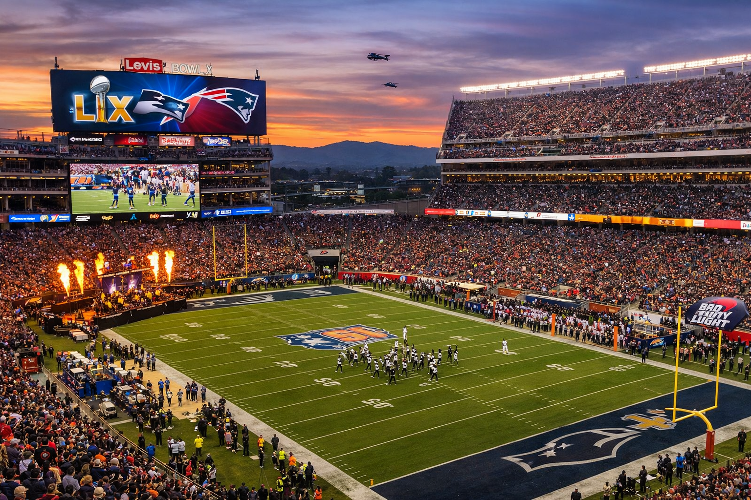 Packed Levi’s Stadium in Santa Clara, California during Super Bowl LX 2026, showing fans, field, scoreboard, and bright stadium lights at sunset.