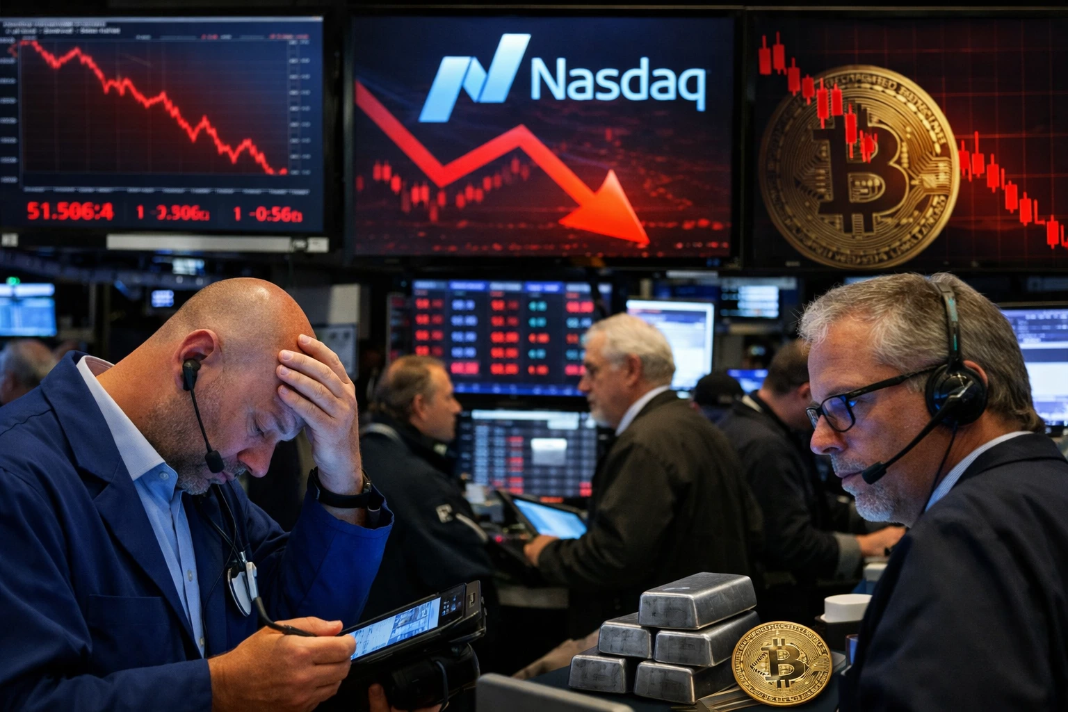 Traders react to a sharp U.S. stock market decline with Nasdaq and Dow Jones screens showing losses; Bitcoin and tech stock indicators in the background.