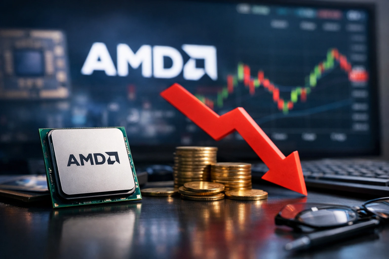 AMD processor on a desk with coins and a red downward arrow, financial chart in the background showing stock decline.