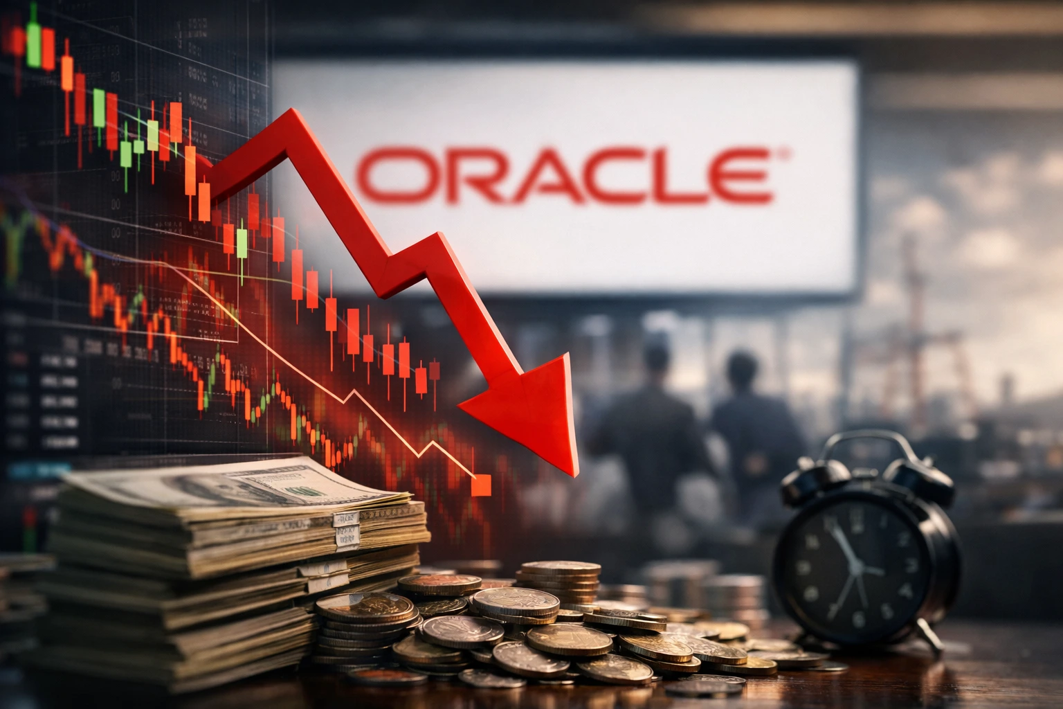 Oracle stock ORCL drops with red downward arrow over stock chart, stacks of cash and coins in foreground, reflecting investor concerns.