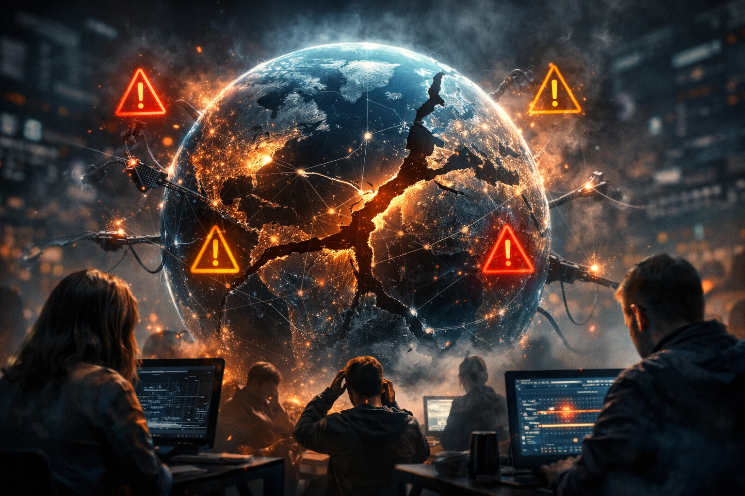 Global digital outage illustration showing disrupted AI network and affected users
