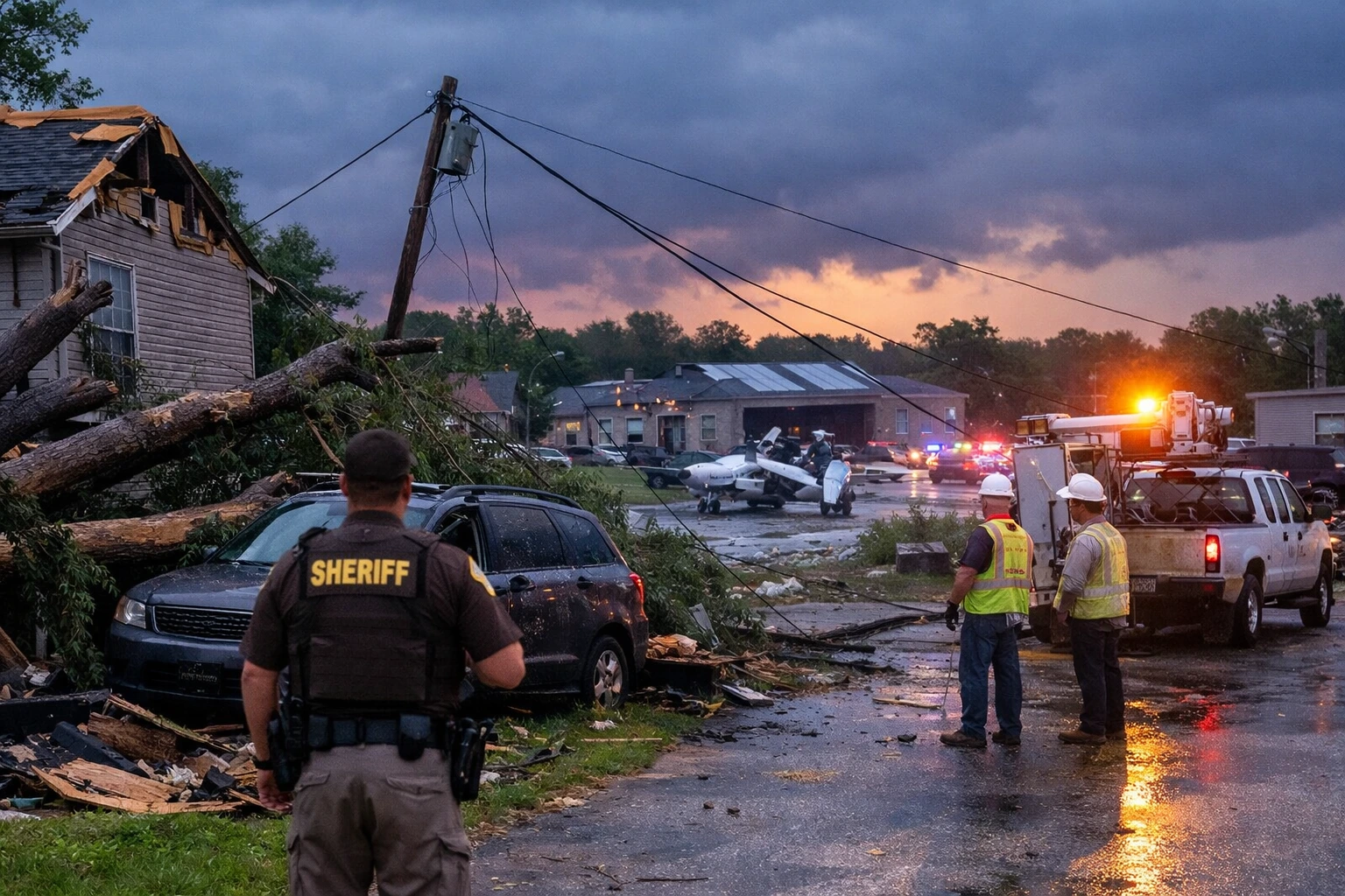 Severe storm damage in Bloomington showing fallen trees, damaged house, and emergency crews responding on a wet street at dusk.