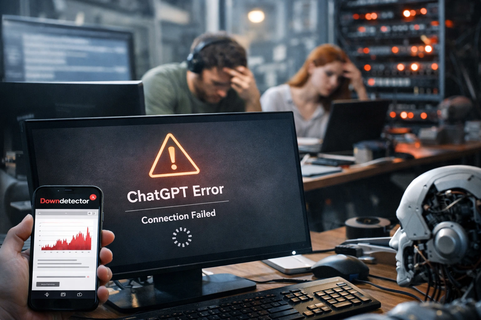 Frustrated users face ChatGPT service outage as error screens appear during global disruption.