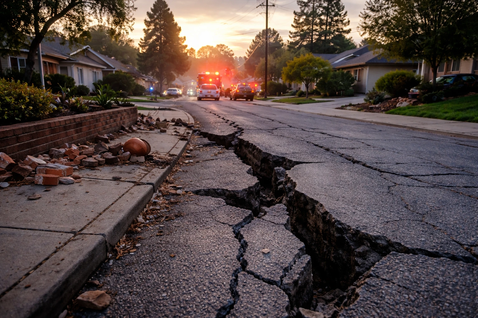 Cracked street and toppled debris in a San Ramon neighborhood after early-morning earthquakes, with emergency vehicles in the background.