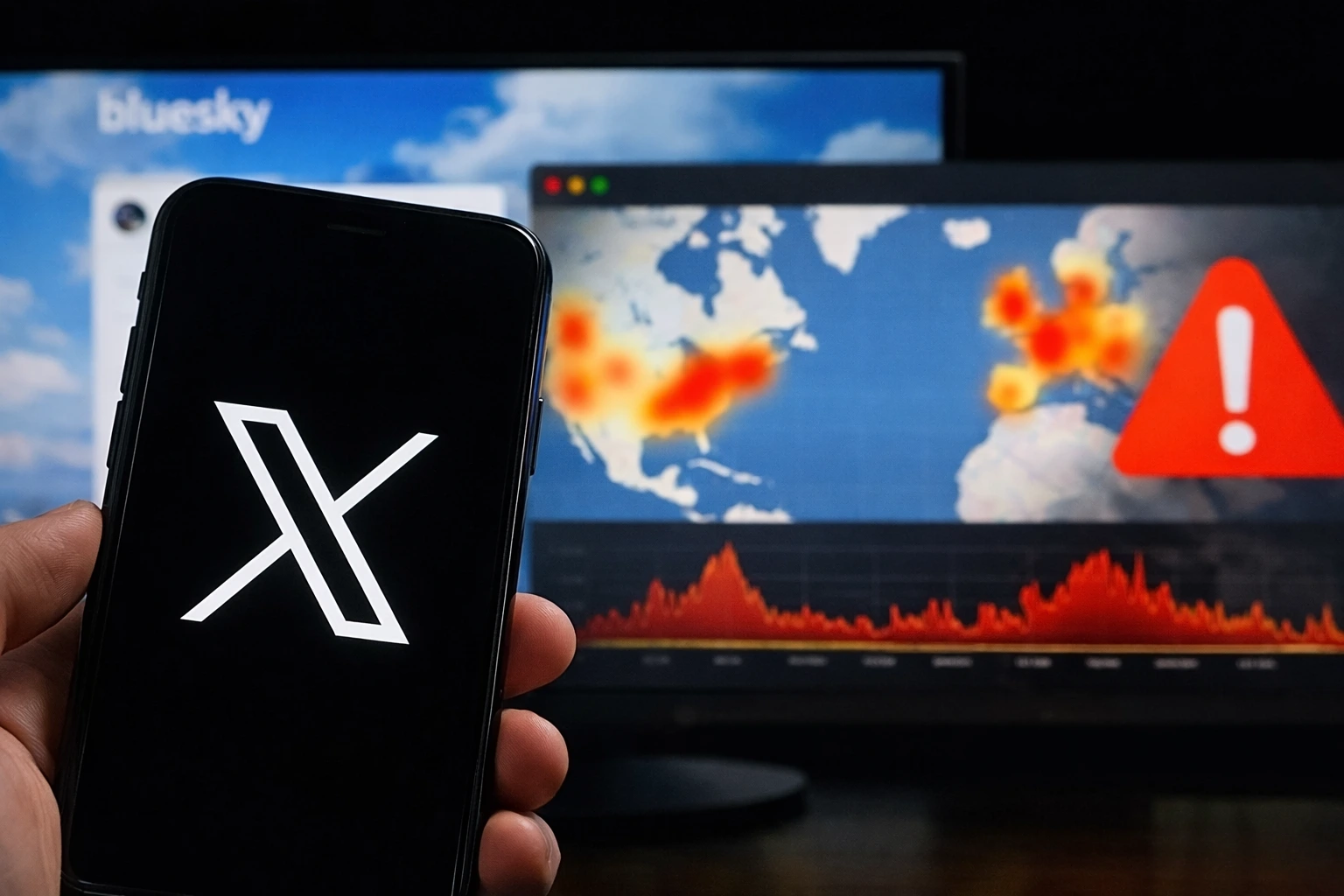 Smartphone displaying X logo in foreground with outage heat map on computer screen in background