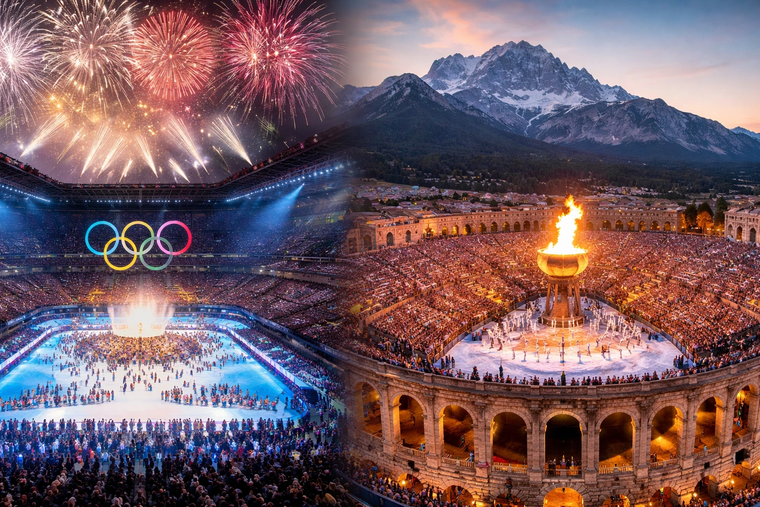 Split-view of the 2026 Winter Olympics ceremonies in Italy showing Milan’s San Siro Stadium with Olympic flame and fireworks for the Opening Ceremony, and Verona Arena with the cauldron for the Closing Ceremony against the Dolomites.