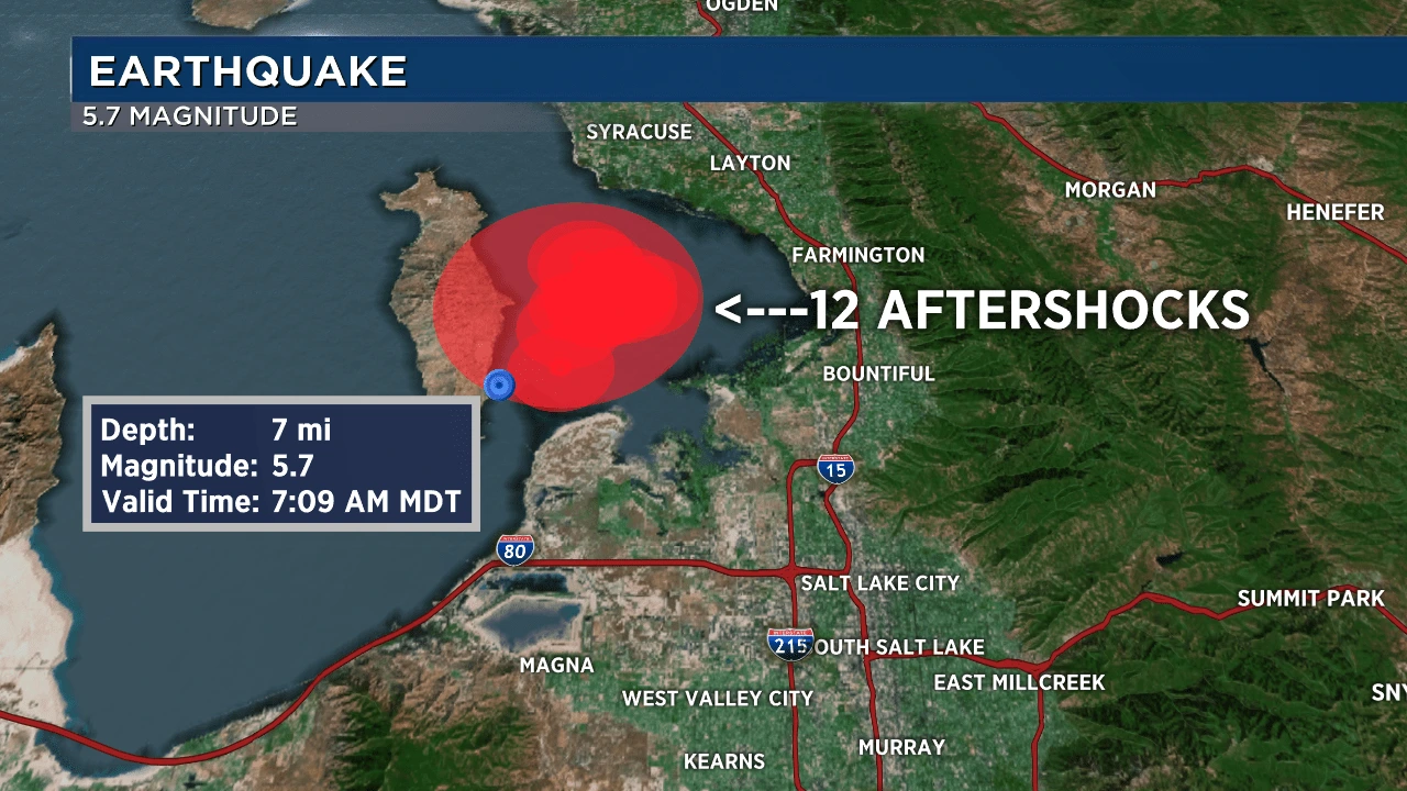 Aerial view of Saratoga Springs, Utah, showing residential area near Utah Lake after a minor earthquake.