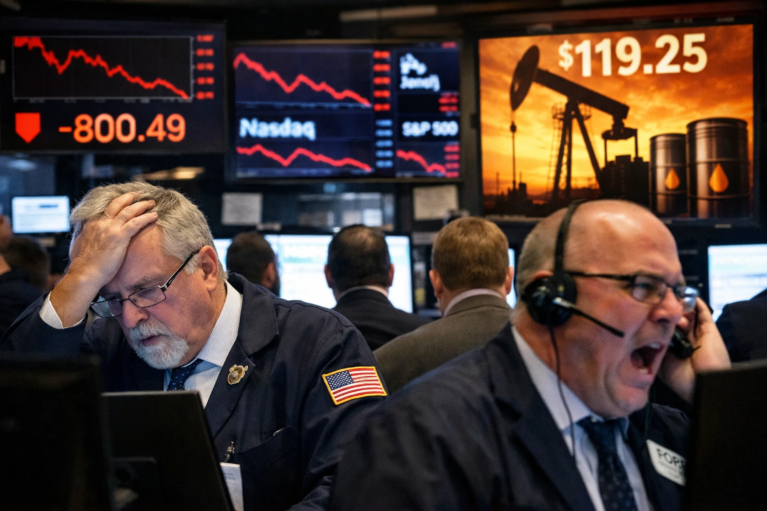 Wall Street traders react as the Dow Jones falls over 800 points while oil prices surge above $100 per barrel during a market sell-off.