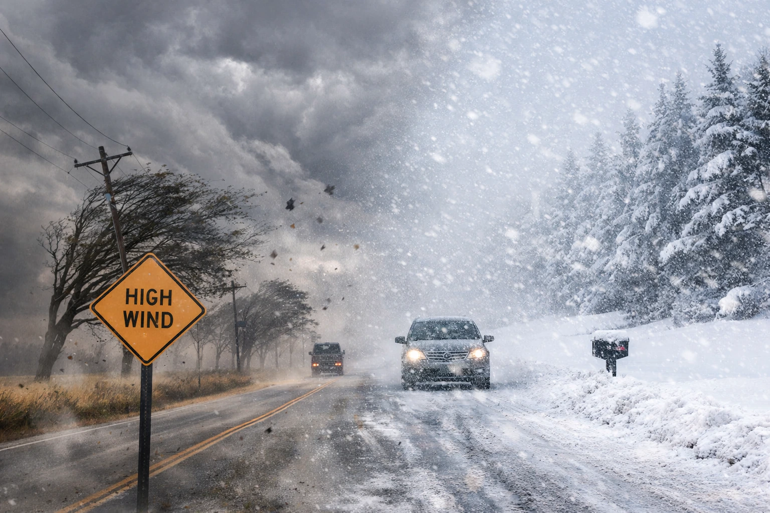 Powerful winds and heavy snowfall hitting a Midwest highway as a winter storm approaches southern Wisconsin.
