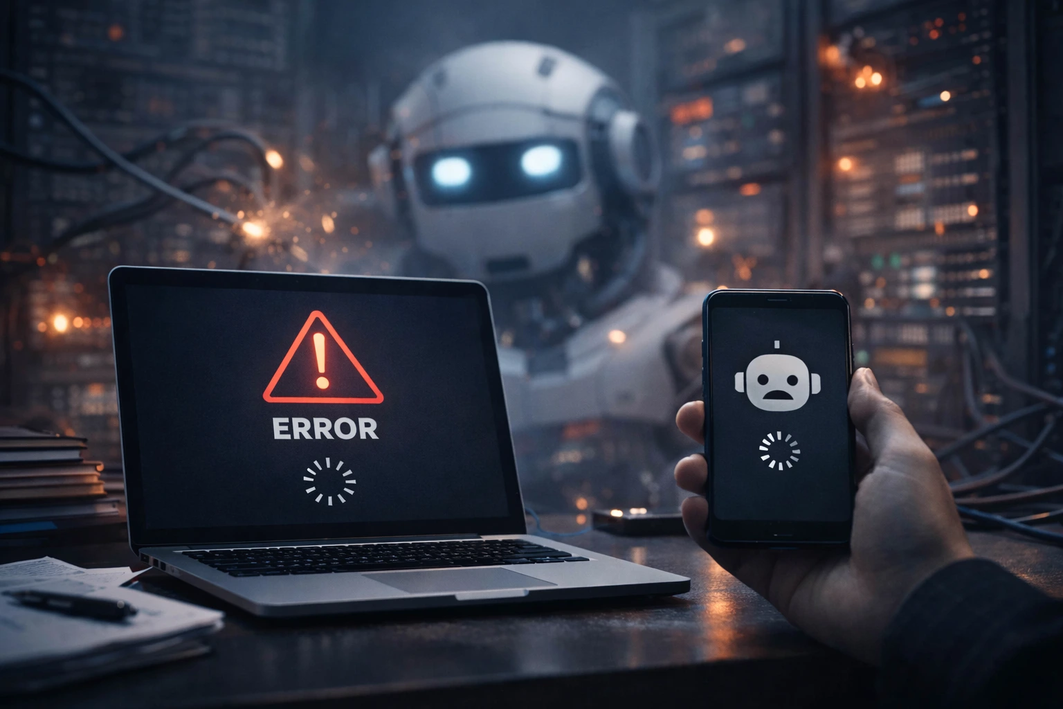 Laptop and smartphone displaying error screens during a major AI platform outage, with a server room in the background.