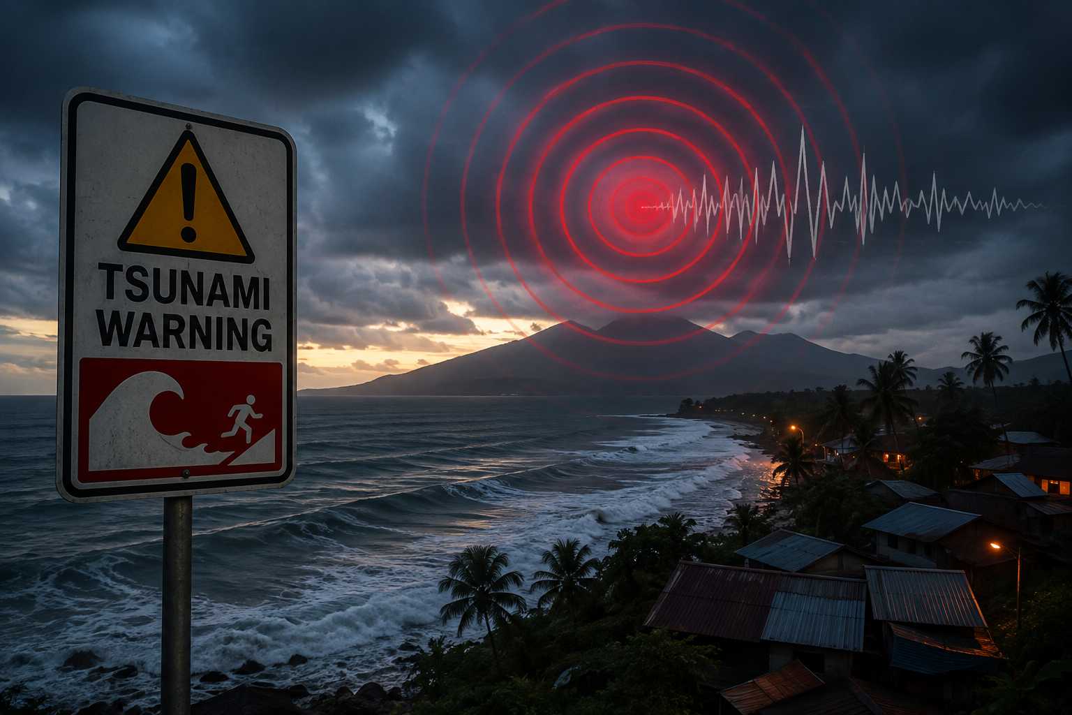 Powerful earthquake and tsunami warning scene showing a turbulent Indonesian coastline, warning sign, dark storm clouds and seismic waves.