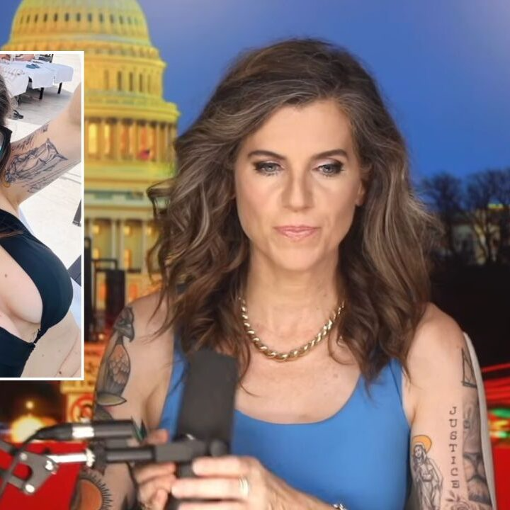 Nancy Mace showing her tattoos in a black bikini during the Get Maced YouTube show intro