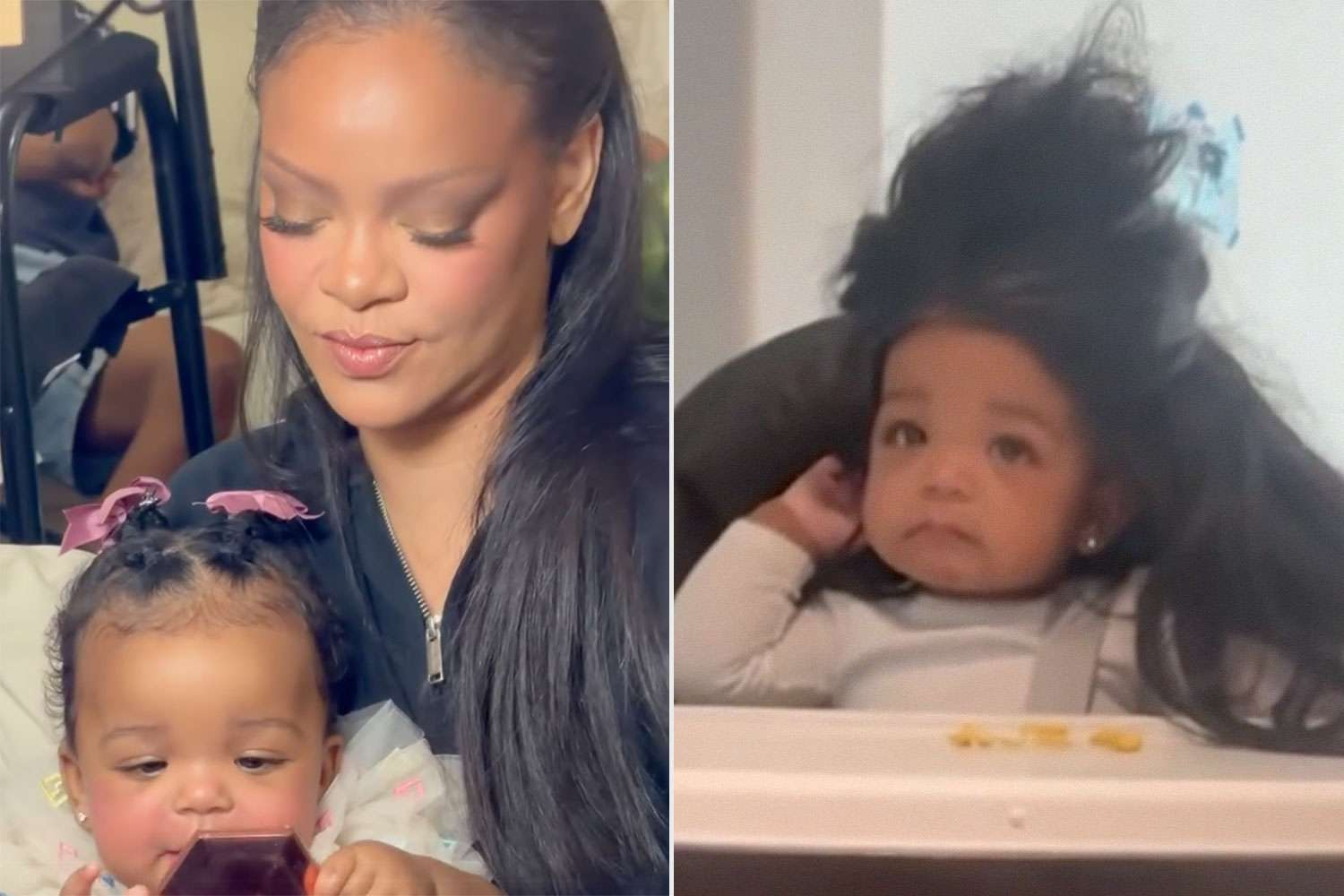 Rihanna daughter Rocki wearing a wig and playing with Rihanna’s luxury Louis Vuitton purse