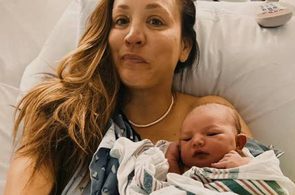 Kaley Cuoco with her newborn daughter Philomena Carmine Bobby after welcoming her second baby with fiancé Tom Pelphrey.